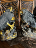 Antique Asian Foo Dog Sculptures Pair Hand Carved Guardian Lions Gold Accents Temple Decor Wood Figurines Home Collectible Art Statue