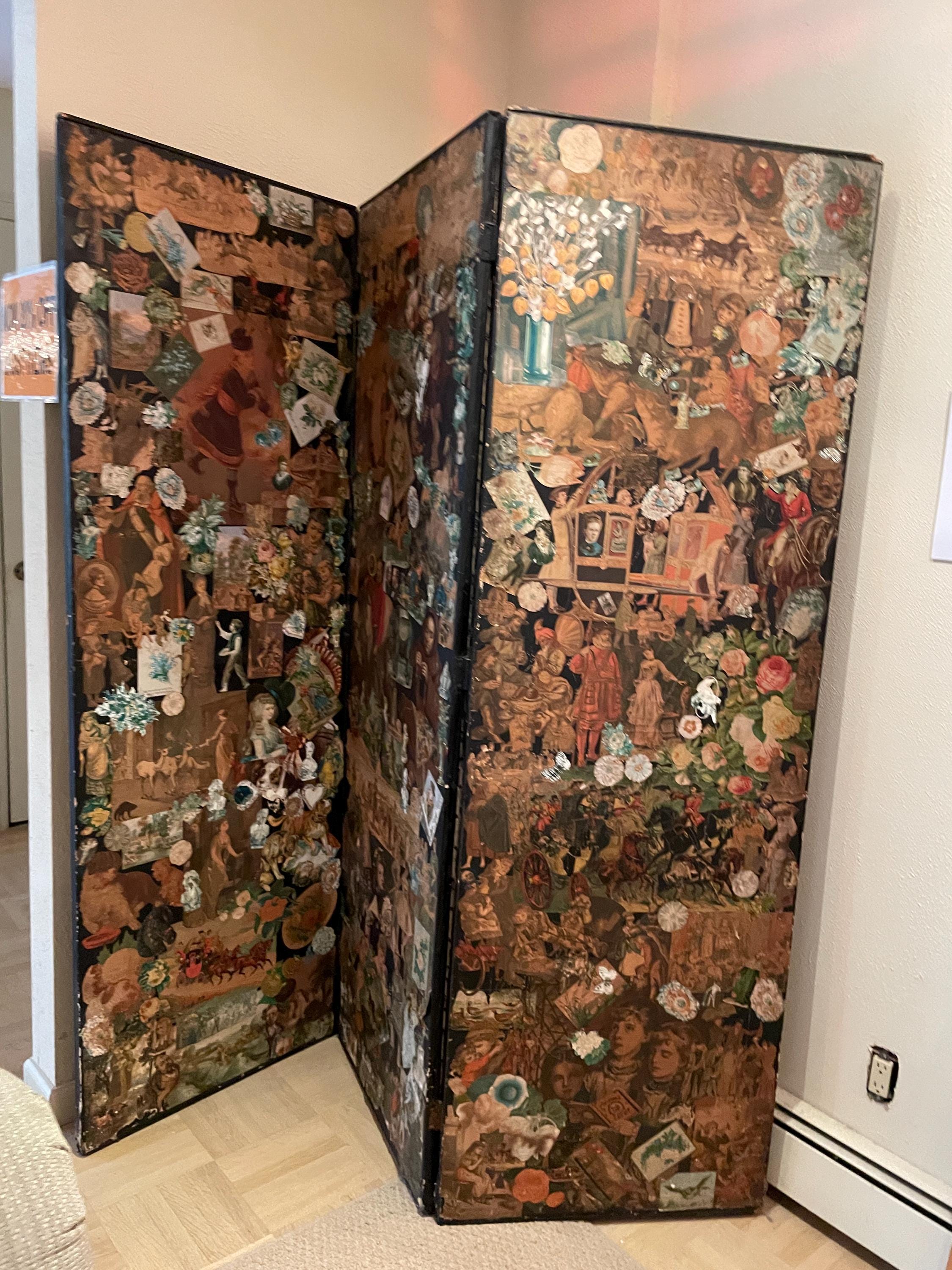 Victorian Decoupage Folding Screen Antique Handcrafted Collage Art Wall Decor Featuring Vintage Illustrations Beautiful Painted Wood Panels