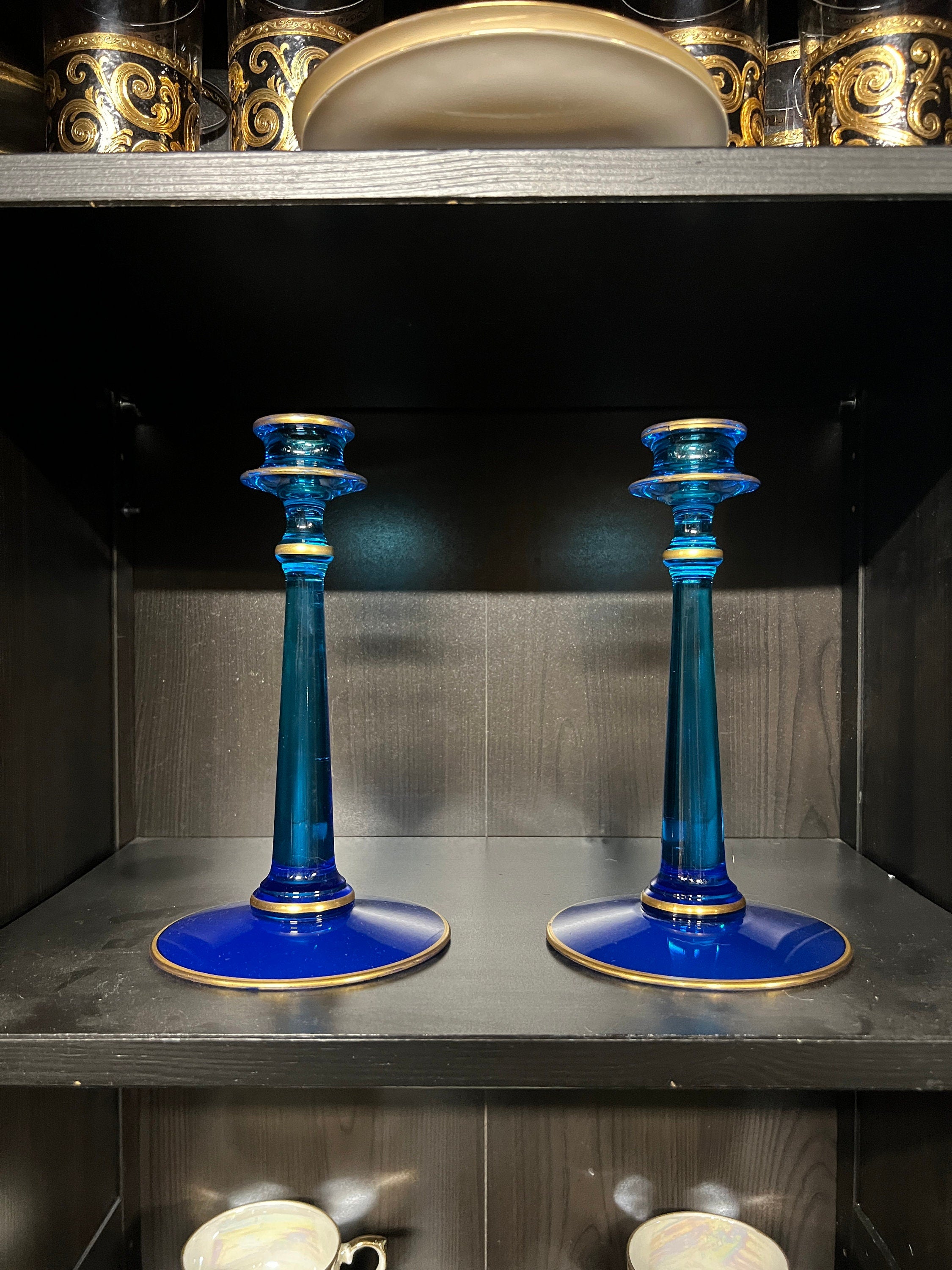 Vintage Blue Glass Candlesticks Pair Elegant Tall Design Gold Rim Mid Century Decor Classic Elegant Table Accents Collectible Candle Holders