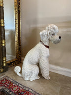 Vintage White Dog Statue Mid Century Hand Painted Ceramic J Schwart Signed Porcelain Poodle Dog Ceramic Statue with Brown Collar DFigurine