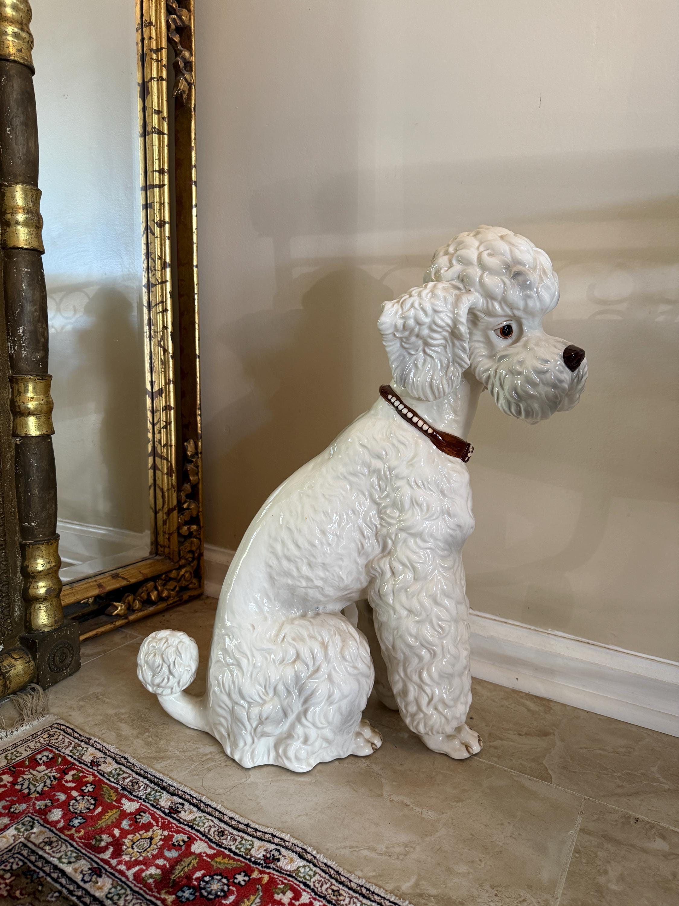 Vintage White Dog Statue Mid Century Hand Painted Ceramic J Schwart Signed Porcelain Poodle Dog Ceramic Statue with Brown Collar DFigurine