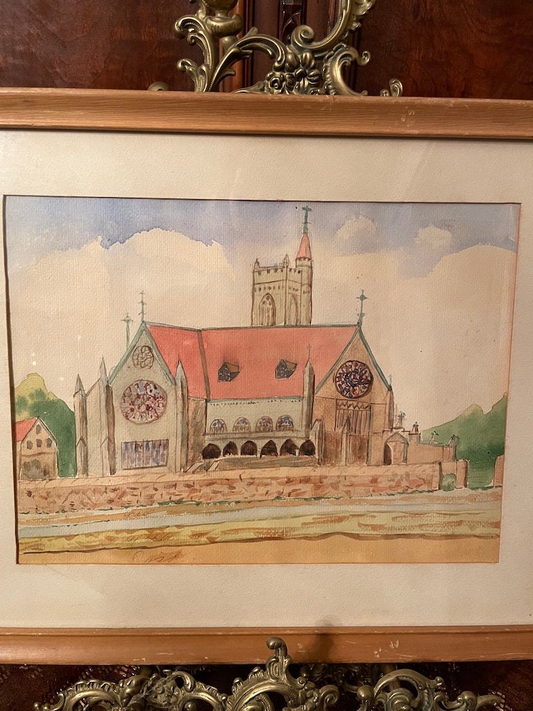 Vintage Watercolored Church Scene Hand Painting Framed