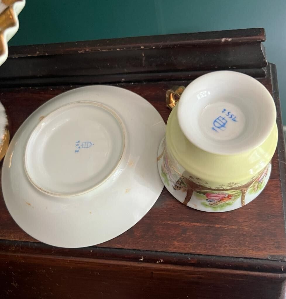 Vintage Porcelain Pedestal Cake Stand Demitasse Cup Saucer Set Floral Gold Trim Romantic Scene German China Shabby Chic Decoration Elegant