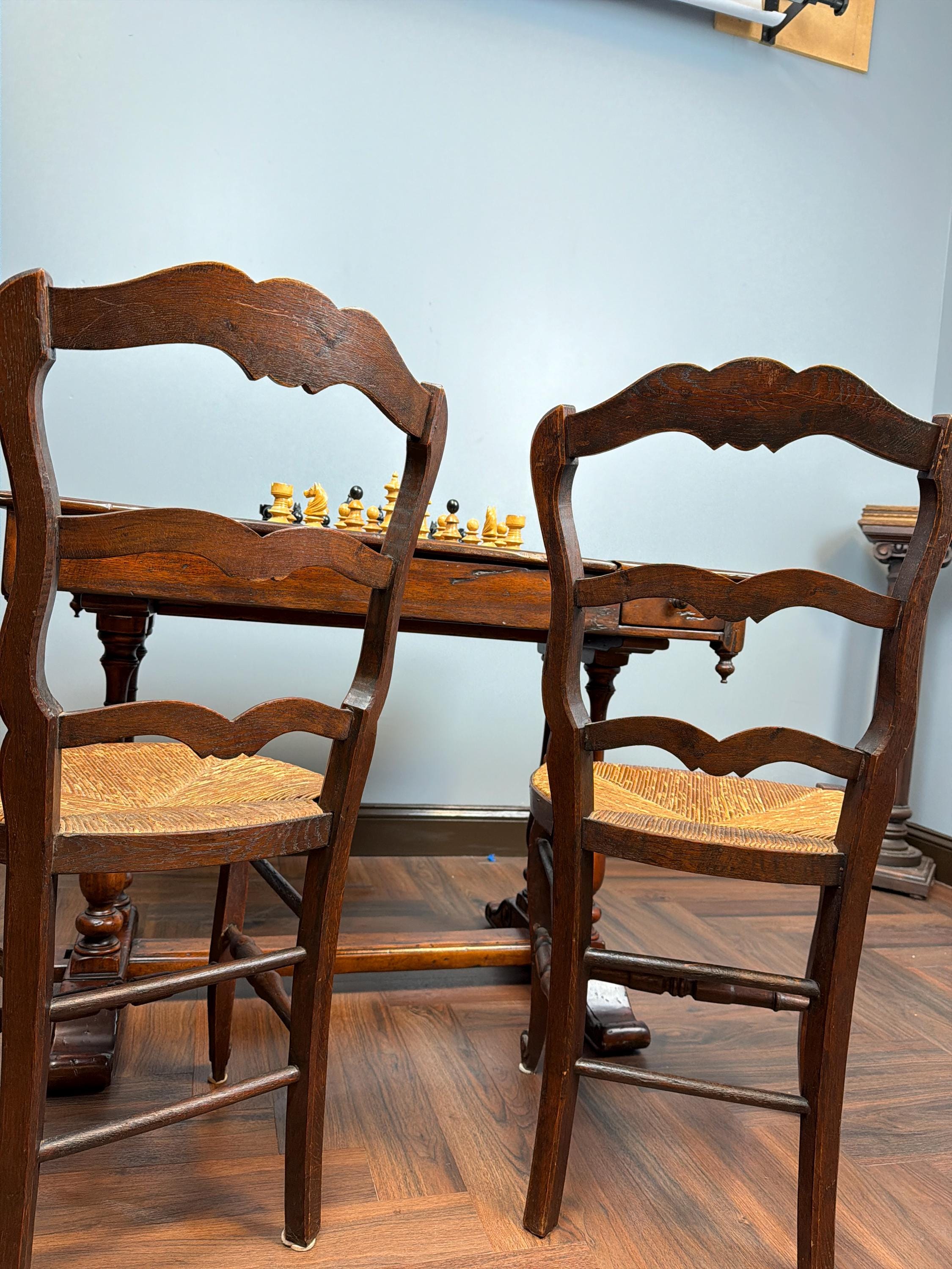 Antique Handcarved Walnut Chess Table, Backgammon Game by Theodore Alexander