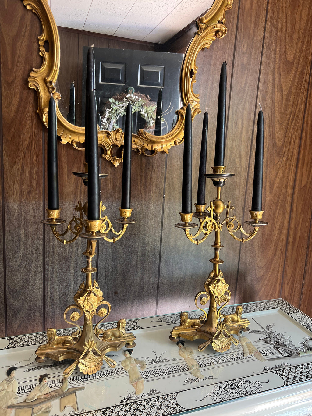 Pair of Empire 5 Light Brass Gold Black Candelabra Unique Sphinx Design Candlesticks Candleholer