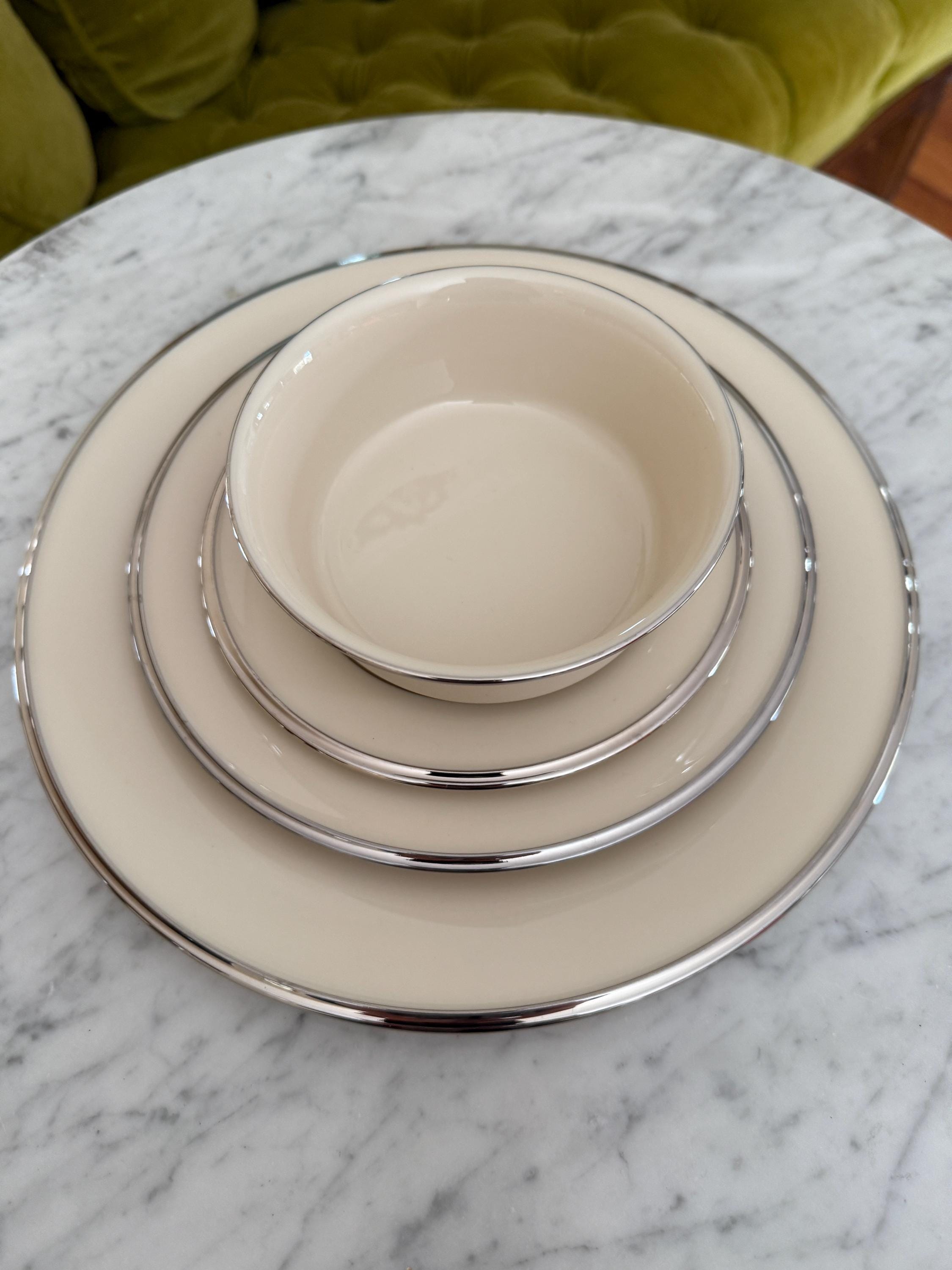 Set of 6 Lenox Solitaire Ivory Bone China Dinnerware Platinum Trim Elegant Dinnerware Set Salad Plates Dinner Plates Salt & Pepper Shakers