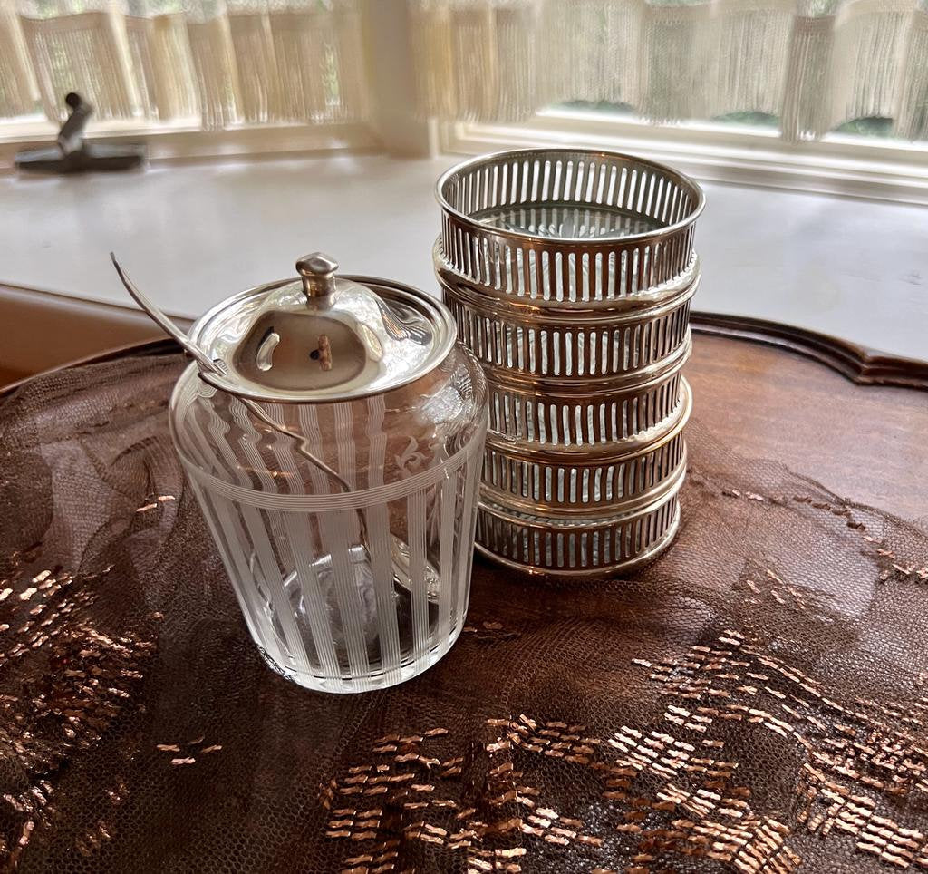 Vintage Silver Rim Glass Coasters Set Of Five Plus Etched Glass Sugar Jar With Lid Spoon Elegant Barware Tea Party Table Decoration Unique