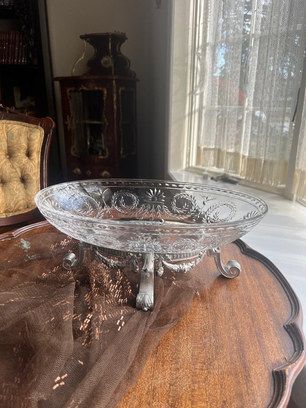Antique Crystal Oval Bowl on Silverplate Footed Stand Cut Glass Fruit Dish Decorative Centerpiece Floral Garland Neoclassical Elegant Style