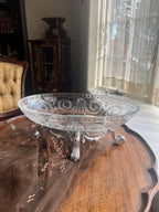 Antique Crystal Oval Bowl on Silverplate Footed Stand Cut Glass Fruit Dish Decorative Centerpiece Floral Garland Neoclassical Elegant Style