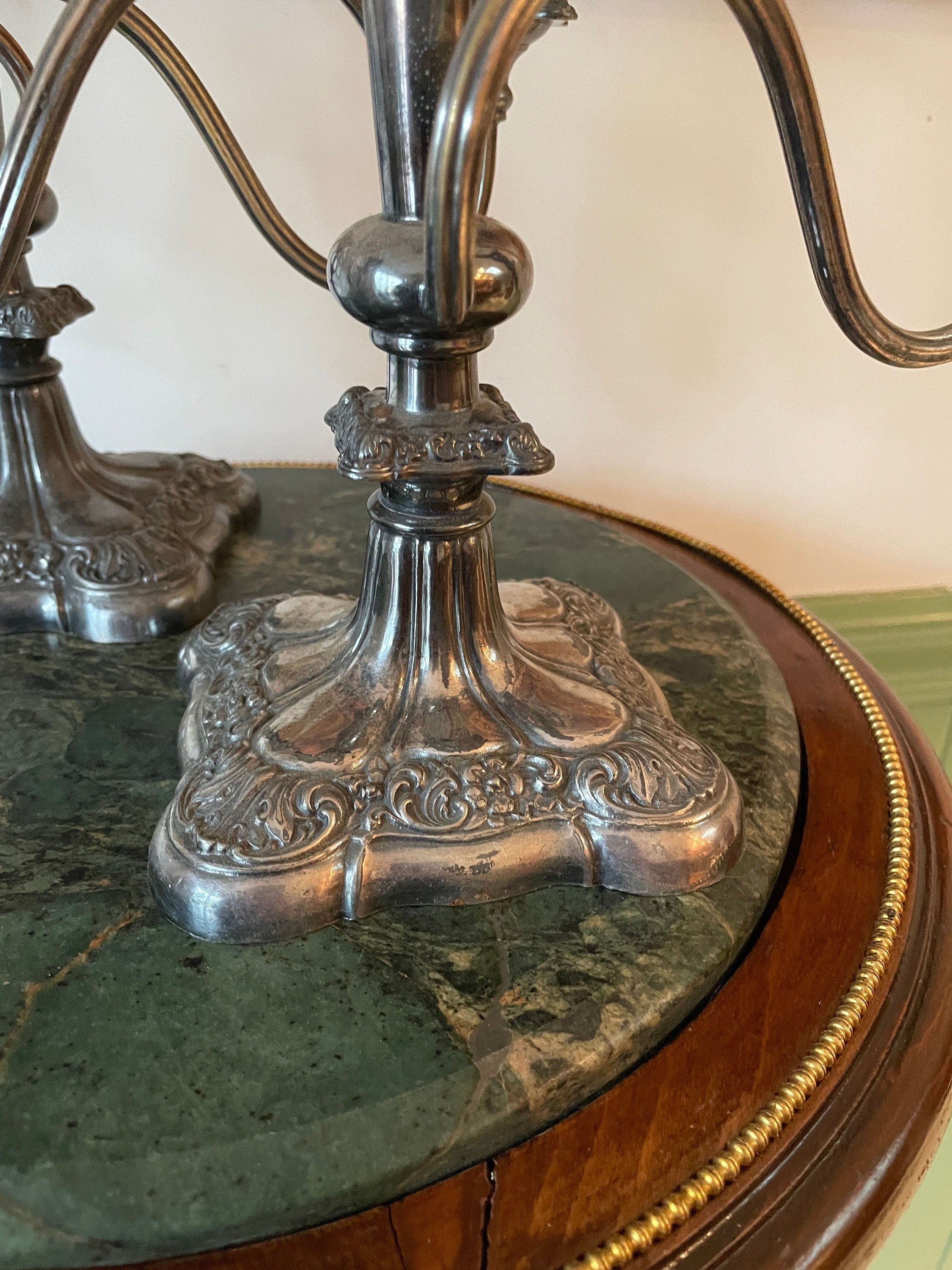 Antique Pair Silver Candelabra Five Arm Baroque Candle Holders Ornate Heavy Metal Candle Stand Classical Decoration Mantel Table Display