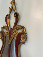 Antique Pair of French Style Rococo Design Wood Wall Candle Sconces Hand-Painted Red & Gold Gilded Pair, Baroque Style Candleholders