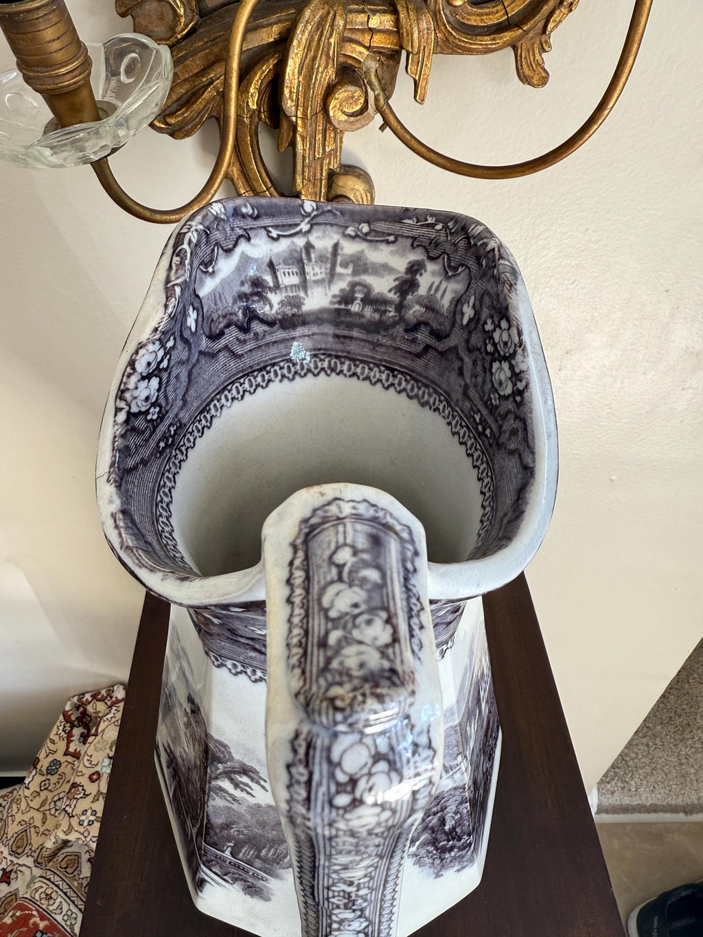 Antique Jug Pitcher Alleghany Ironstone Black Transferware Jug by R. Goddard & Co.19th C. American Pottery Romantic Pastoral Landscape Motif