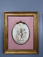 Antique Bisque Porcelain Wall Plaques Pair, French Rococo Gilt Framed Romantic Scene Panels