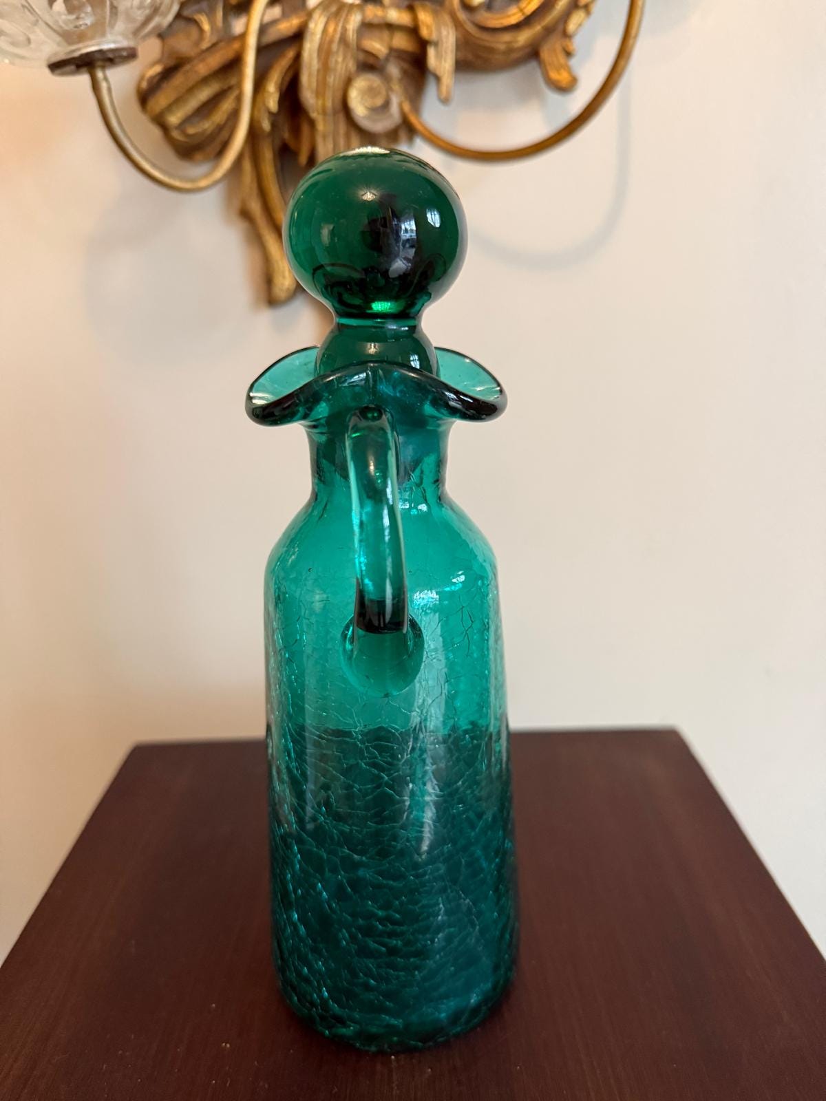 Vintage Crackle Glass Decanter Green Art Glass Pitcher Stopper Bottle Mid Century Barware Teal Emerald Green Crackle Glass Cruet Mid Century