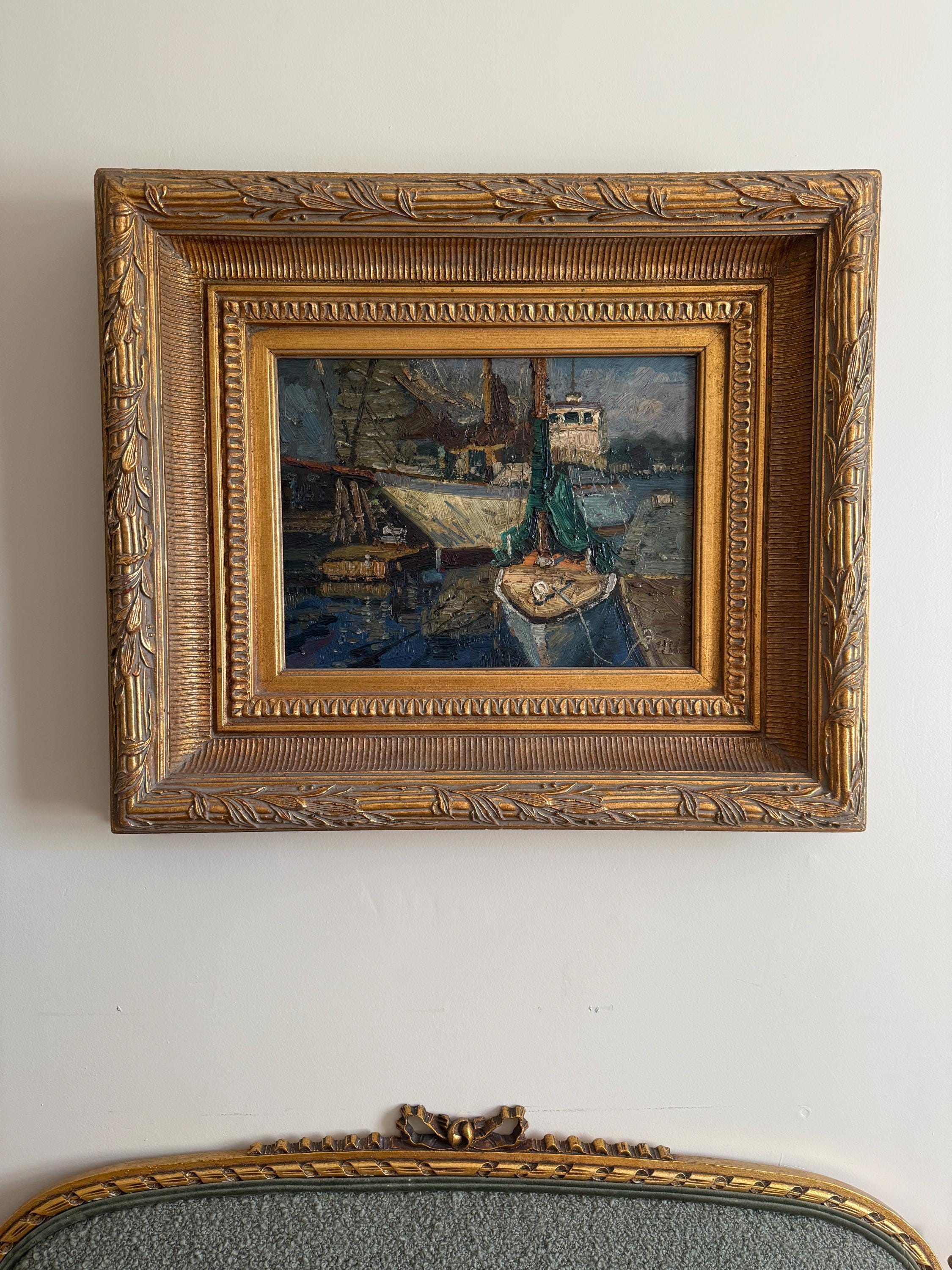 Original Oil Painting Boats Harbor Scene Nautical Marine Seascape Artwork Framed Impressionist Style Signed Vintage Coastal Decoration
