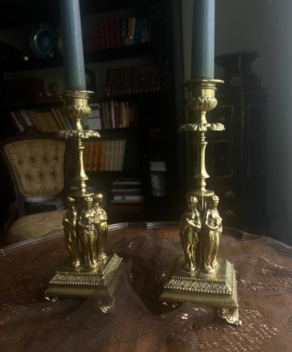 Antique Pair Candlestick Holders Elegant Figurine Design Victorian Style Decorative Accent Pieces Mantel Table Shelf Display Home Decoration
