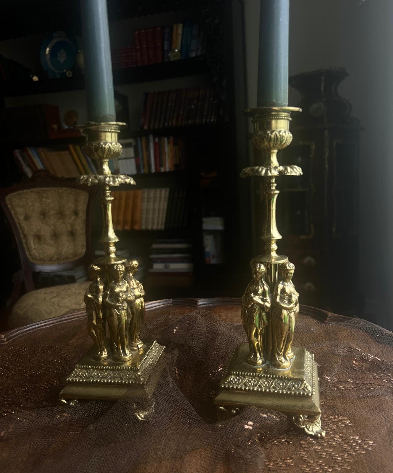 Antique Pair Candlestick Holders Elegant Figurine Design Victorian Style Decorative Accent Pieces Mantel Table Shelf Display Home Decoration