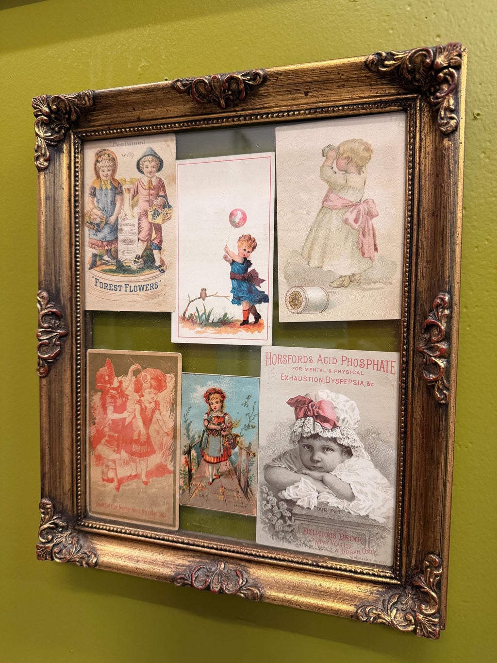 Antique Victorian Trade Card Display Gold Framed Advertising Ephemera Wall Art Child Lithographs