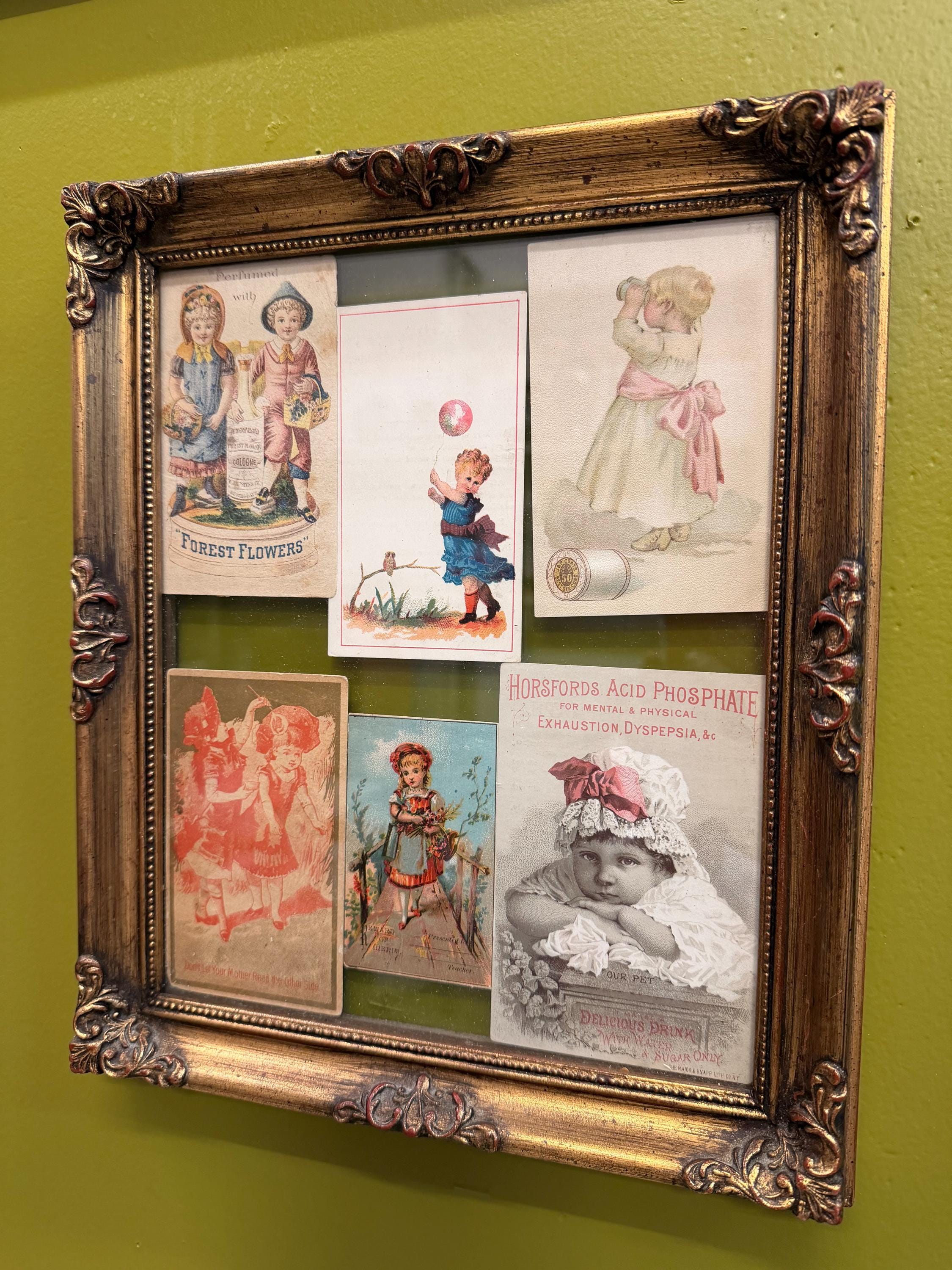 Antique Victorian Trade Card Display Gold Framed Advertising Ephemera Wall Art Child Lithographs