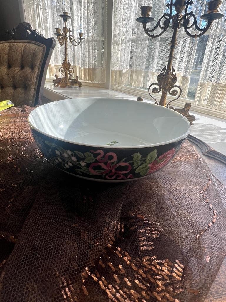 Vintage Floral Porcelain Bowl Black Background Pink Roses Blue Flowers Gold Accents Hand Painted Decorative Centerpiece Dish Collectible