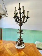1800s Antique Gilt Ornate Brass 9 Light Italian Candelabra Electrified on Marble Stand