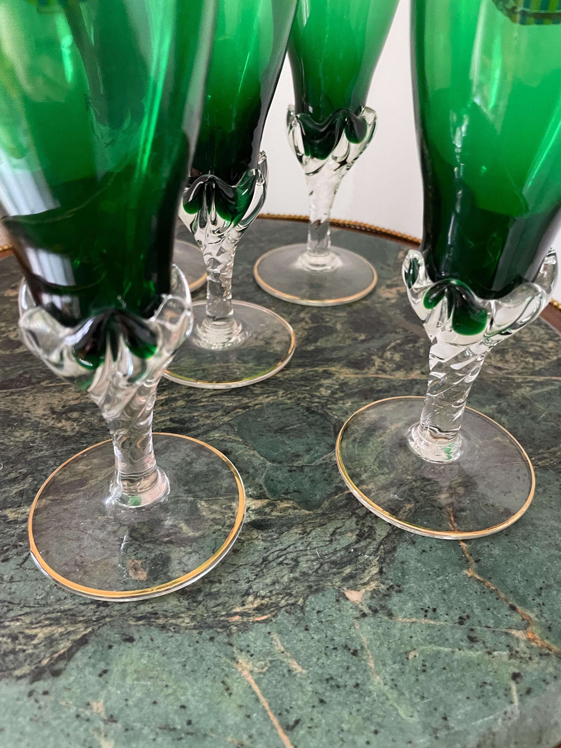 Vintage Green Glass Set Handpainted Figures Colorful Tumblers Elegant Barware Collectible Retro Goblets Unique Gift Antique Decoration Charm