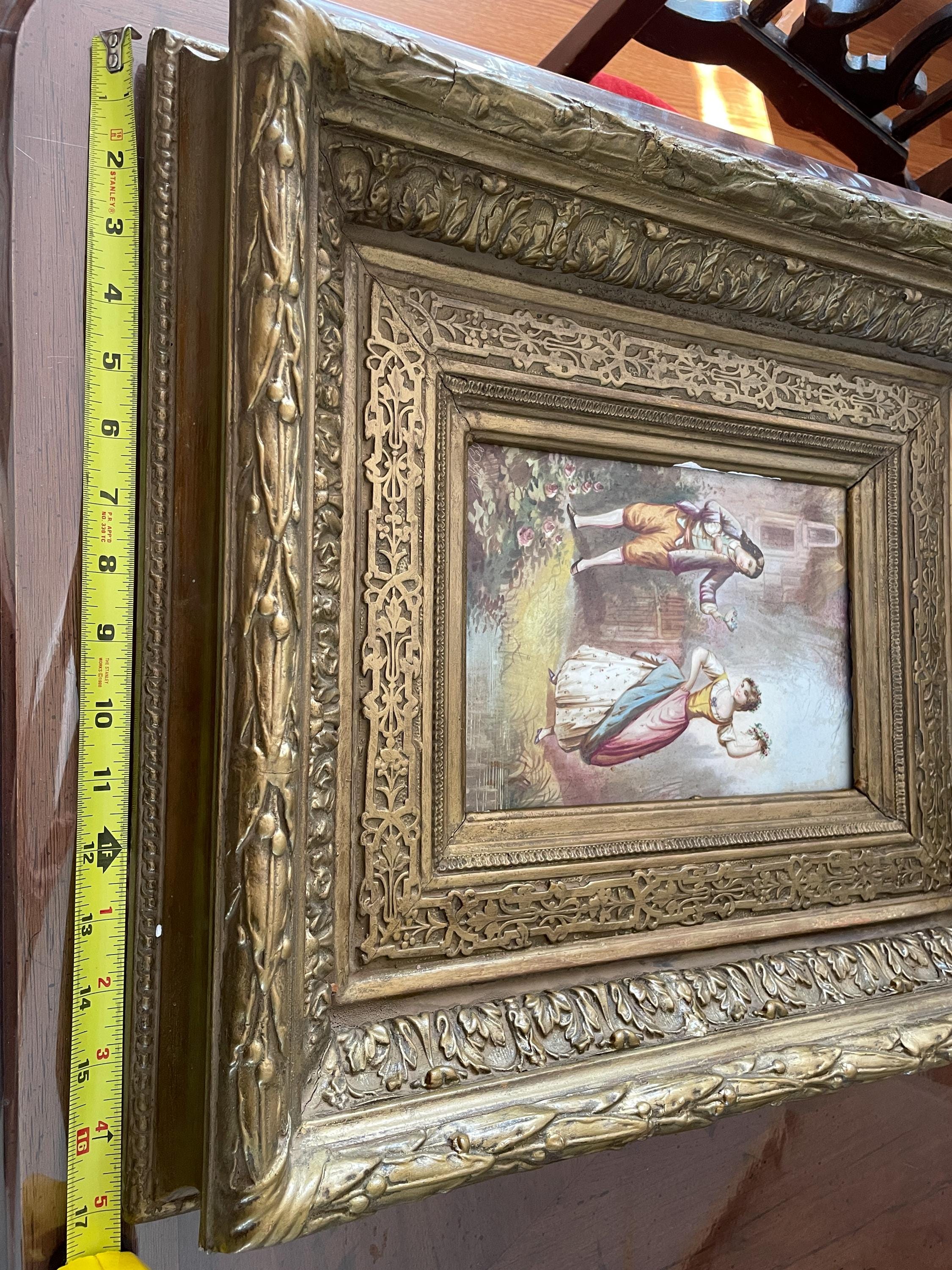 Antique Hand-Painted Romantic Scene Ornate Gold Gilt Frame 19th Century Wall Art Original Artwork Antique European Style Collectible Art