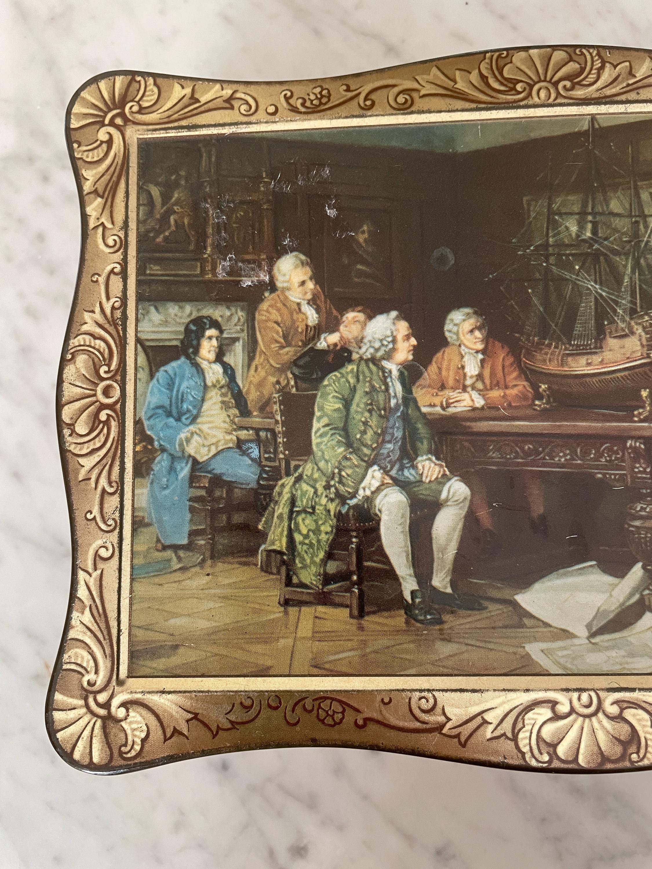 Vintage Patria Biscuit Tin Decorative Metal Box Dutch Scene Collectible Storage Container Gold Interior Baroque Design European Style