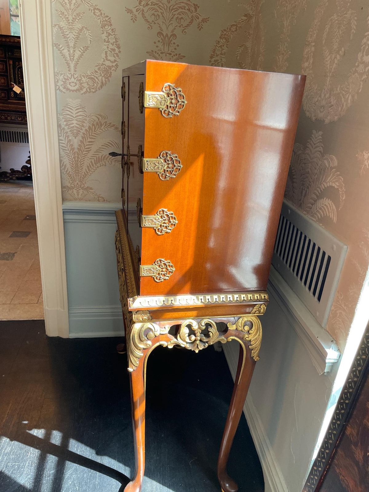 Vintage French Style Accent Cabinet, Floral Inlay, Gold Gilded Table Drink Cabinet