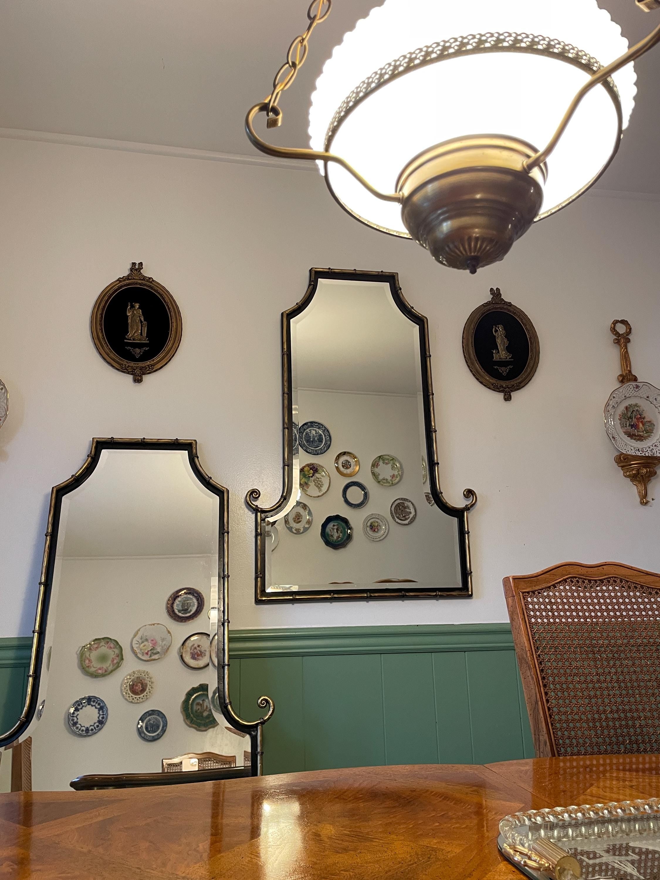 Pair of Horchow Black & Gold Metal Bamboo Design Chinoiserie Wall Hanging Home Decoration Beveled Mirrors Luxurious Home Decoration Mirror