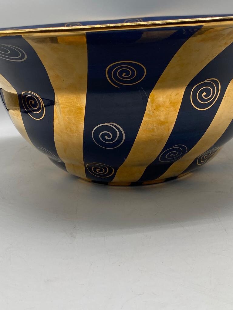 Vintage Laurie Gates Large Bowl 1996 Ceramic Art Blue Gold Spiral Striped Statement Decorative Piece Dining Table Centerpiece Unique Elegant