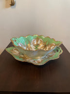 Antique Green Gold Porcelain Bowl Set Hand Painted Scalloped Edge Plates Mid-Century Serving Dish Tableware Sauce Serving Bowl Home Decor