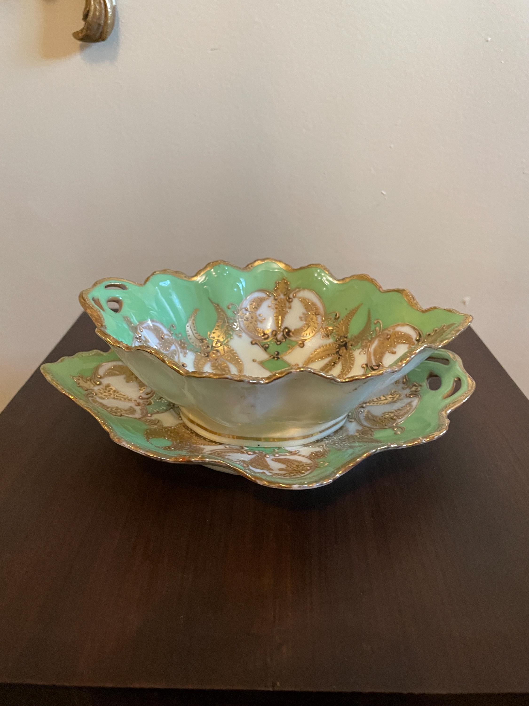 Antique Green Gold Porcelain Bowl Set Hand Painted Scalloped Edge Plates Mid-Century Serving Dish Tableware Sauce Serving Bowl Home Decor