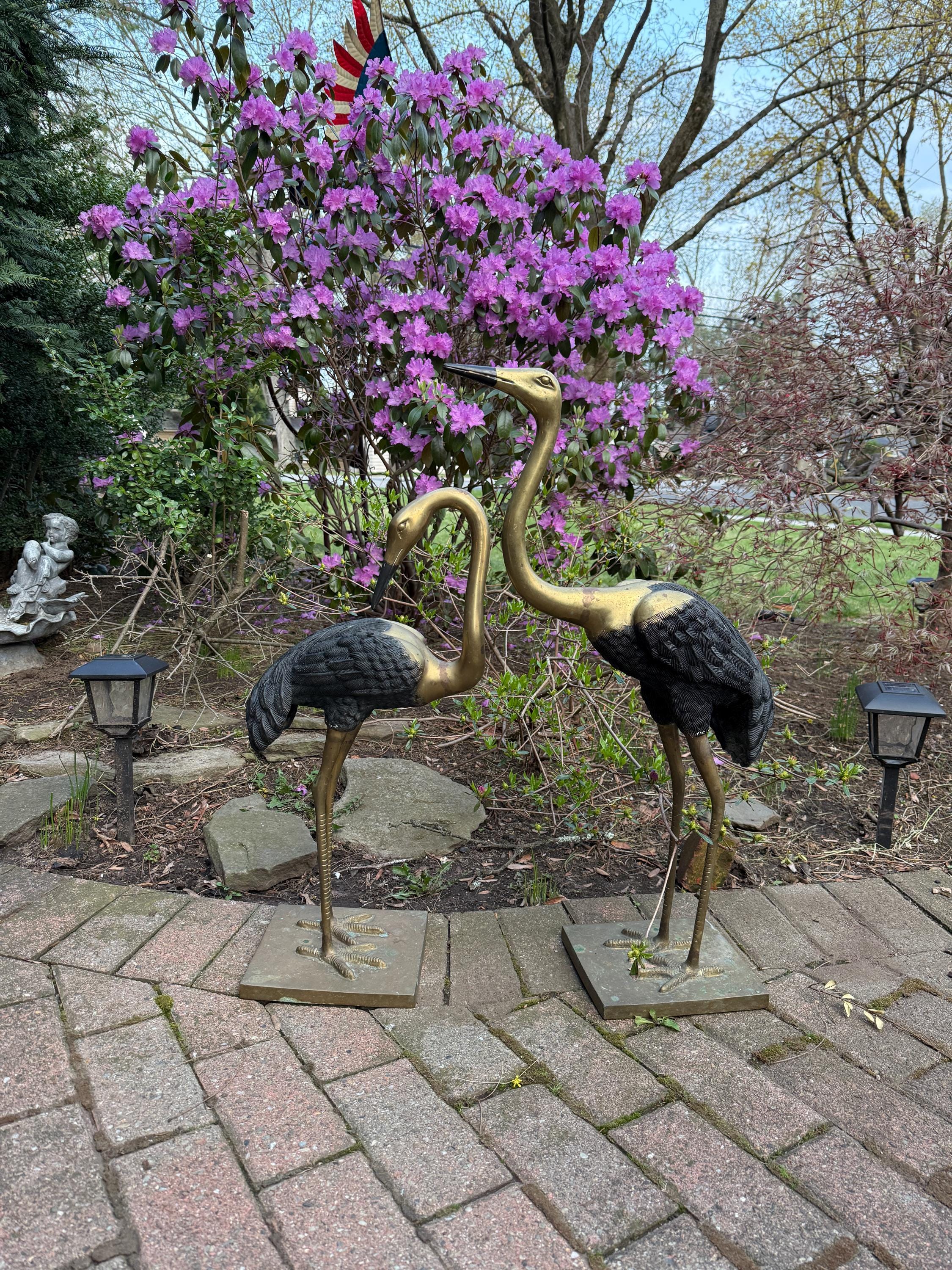 Vintage Boho Brass & Pewter Gold Black Crane Statues Tall Garden Heron Sculptures Bird Sculptures Garden / Fireplace Decor Home Decoration