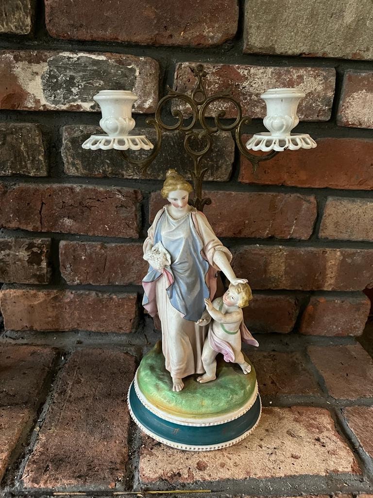 1900s Victorian Porcelain Figurine Girl with Cherub Candlesticks Candelabra