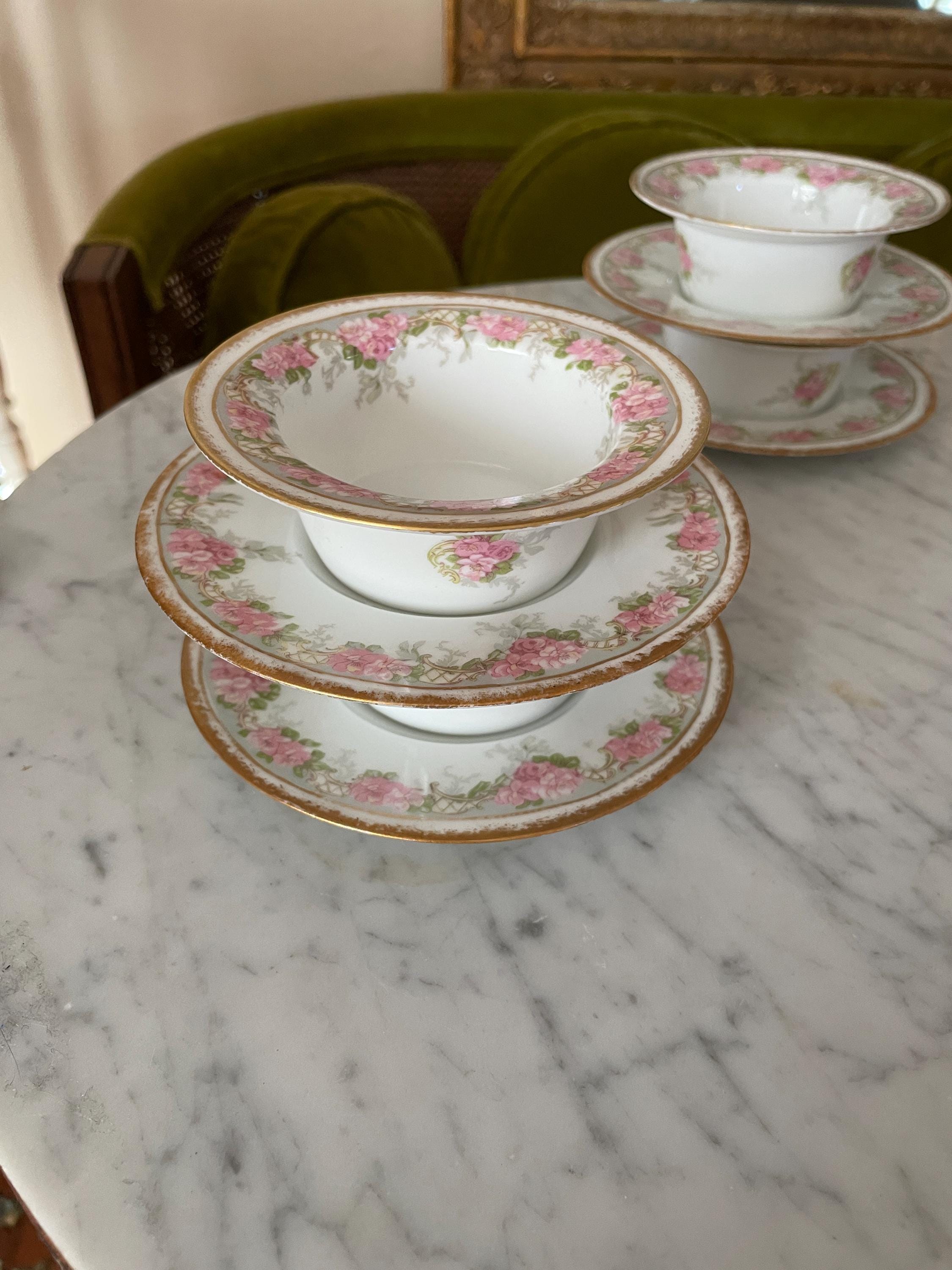 Jean Pouyat Limoges Pink Roses Gold Ramekin & Saucers Set of 6 Vintage Floral Porcelain Soup Bowls Set Gold Rimmed Elegant Dishware