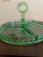Vintage Green Glass Divided Serving Tray Elegant Round Centerpiece Handle Design Etched Laurel Pattern Entertaining Tableware Serving Dish