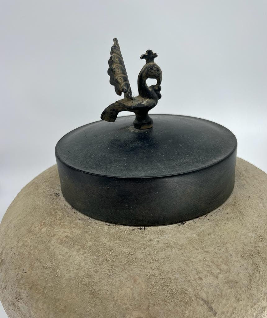 Vintage Stone Pot Bronze Lid Rooster Handle Rustic Handmade Clay Jar Decorative Lidded Vessel Collectible Farmhouse Primitive Decoration