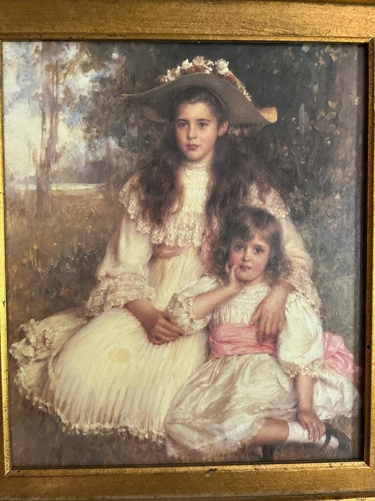 Large Victorian Gilt Frame Oil Painting of Two Girls Antique Style Rococo Wall Art Romantic Portrait Ornate Gold Decoration Statement Piece