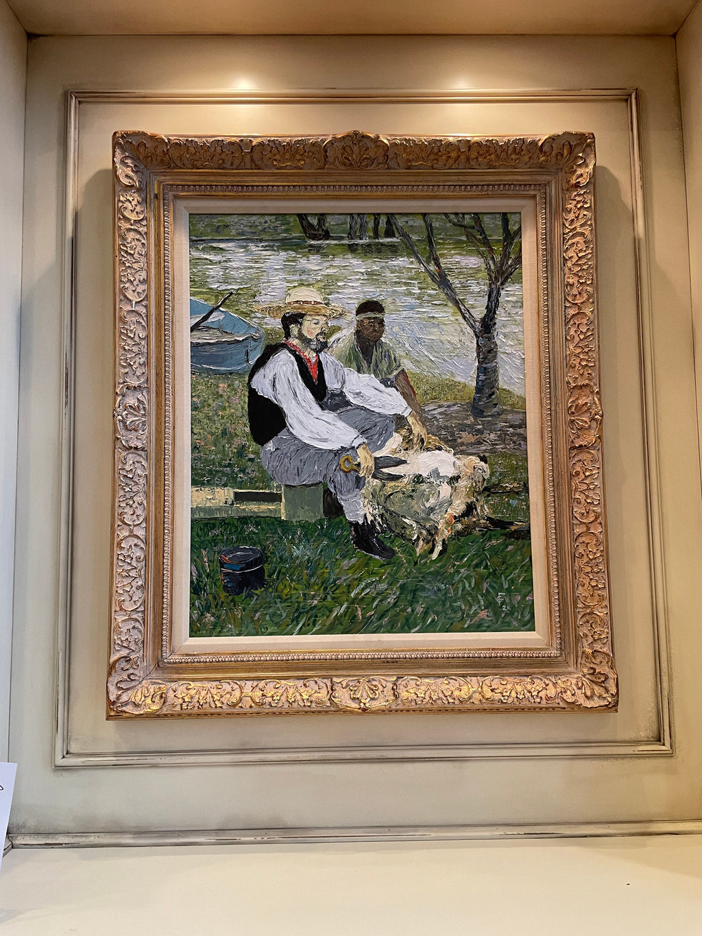 Framed Impressionist Oil Painting Pastoral Scene River Men Shearing Sheep Gilt Wood Frame Signed Wall Art Decoration Thick Brush Strokes