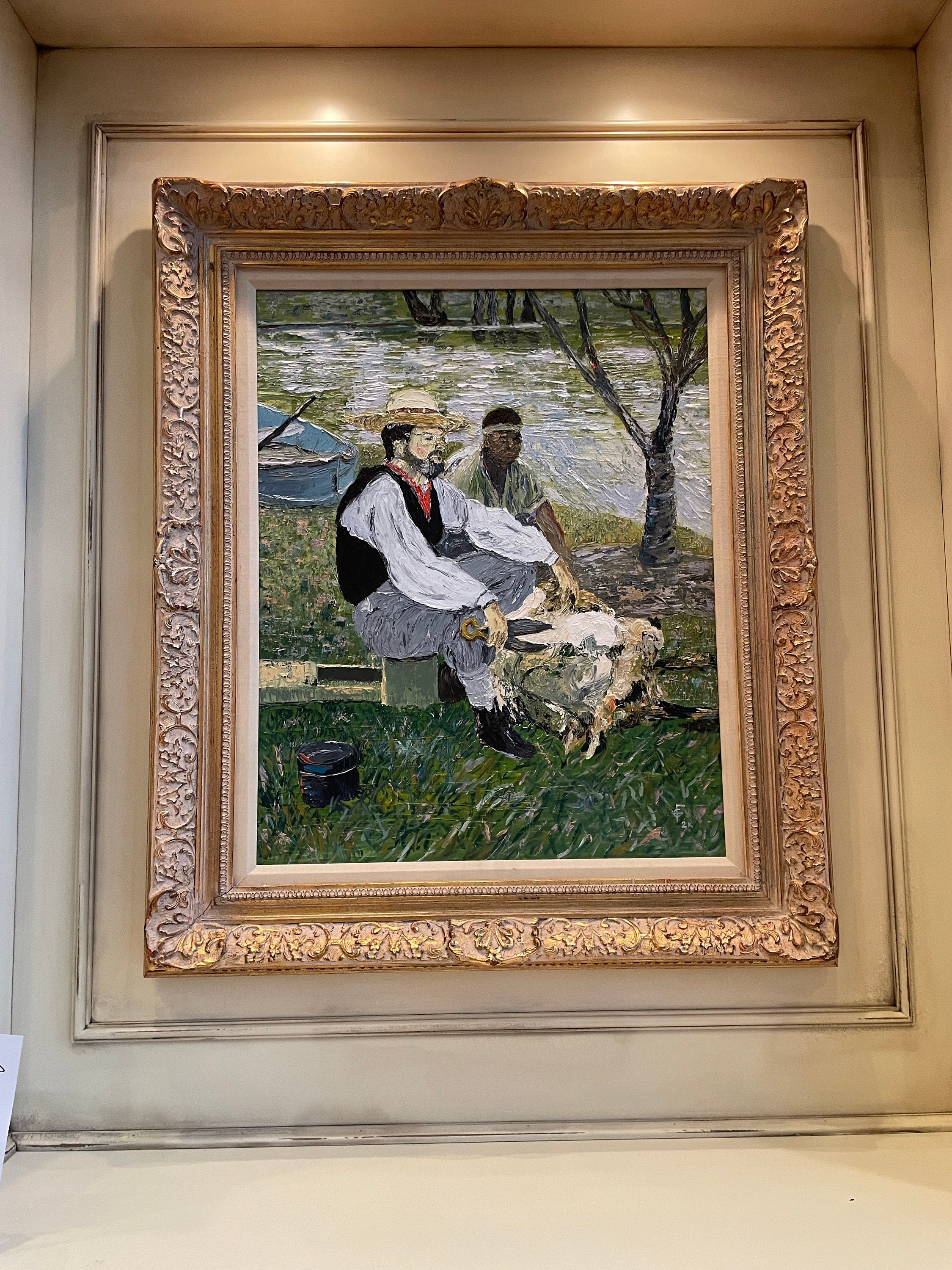 Framed Impressionist Oil Painting Pastoral Scene River Men Shearing Sheep Gilt Wood Frame Signed Wall Art Decoration Thick Brush Strokes