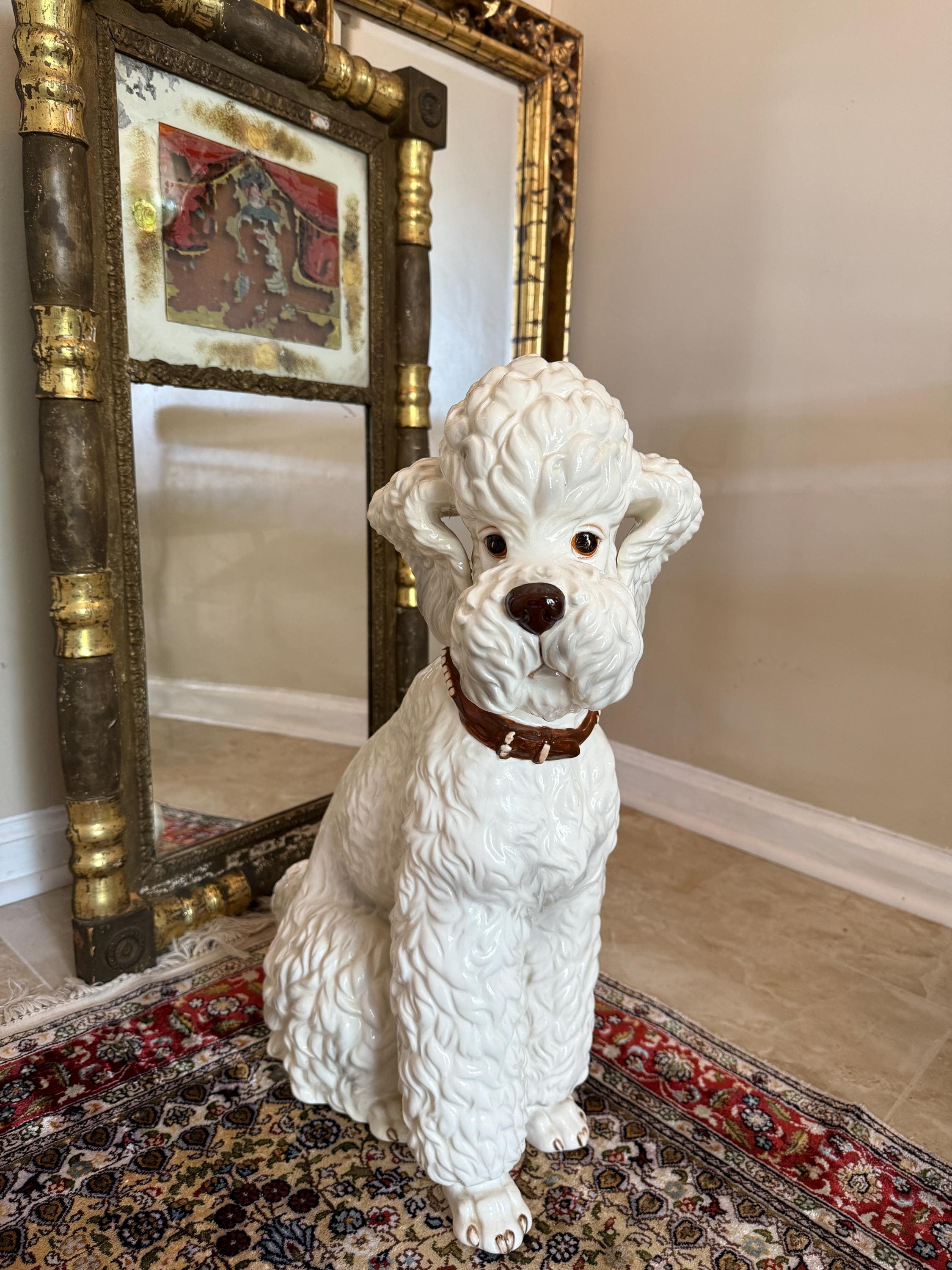 Vintage White Dog Statue Mid Century Hand Painted Ceramic J Schwart Signed Porcelain Poodle Dog Ceramic Statue with Brown Collar DFigurine