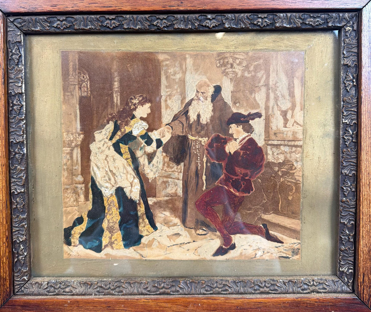 Antique Victorian Oak Frame with Romantic Scene Print, Ornate Gesso Trim, 19th Century Style Wall Art