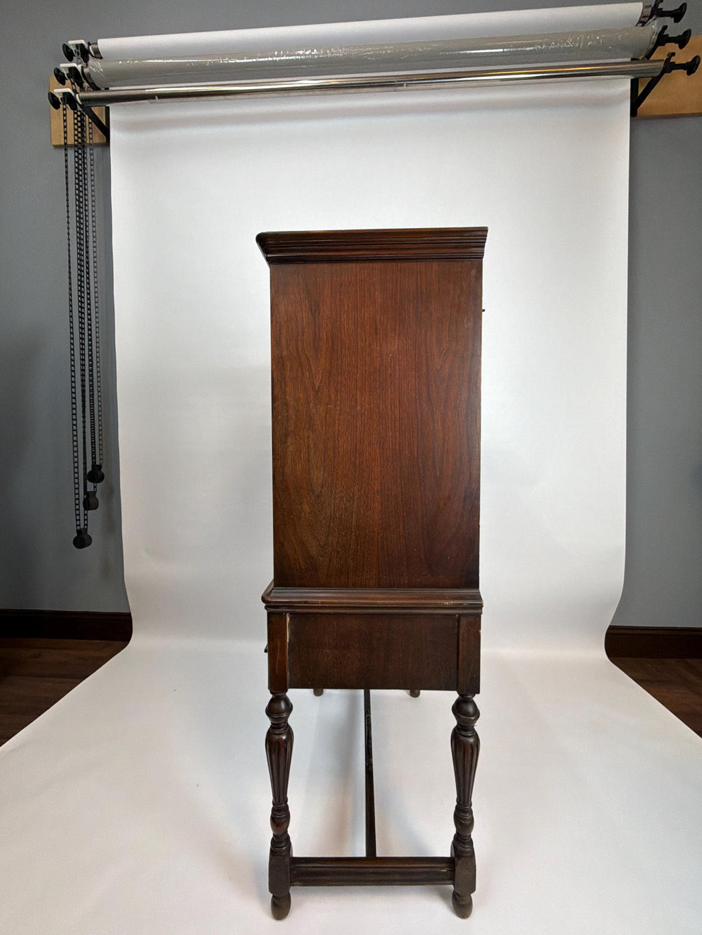 Antique Walnut Phonograph Cabinet: Jacobean Style Music Storage Furniture