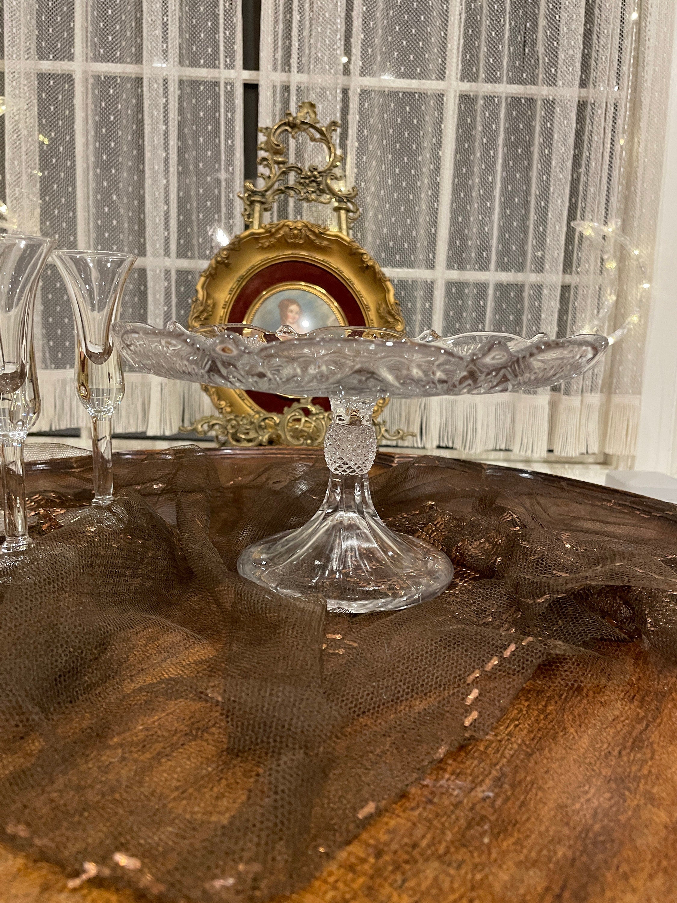 Vintage MCM Set of 5 Unique Glass Cake Stand & Cordial Liqueur Shot Glasses Glassware Set