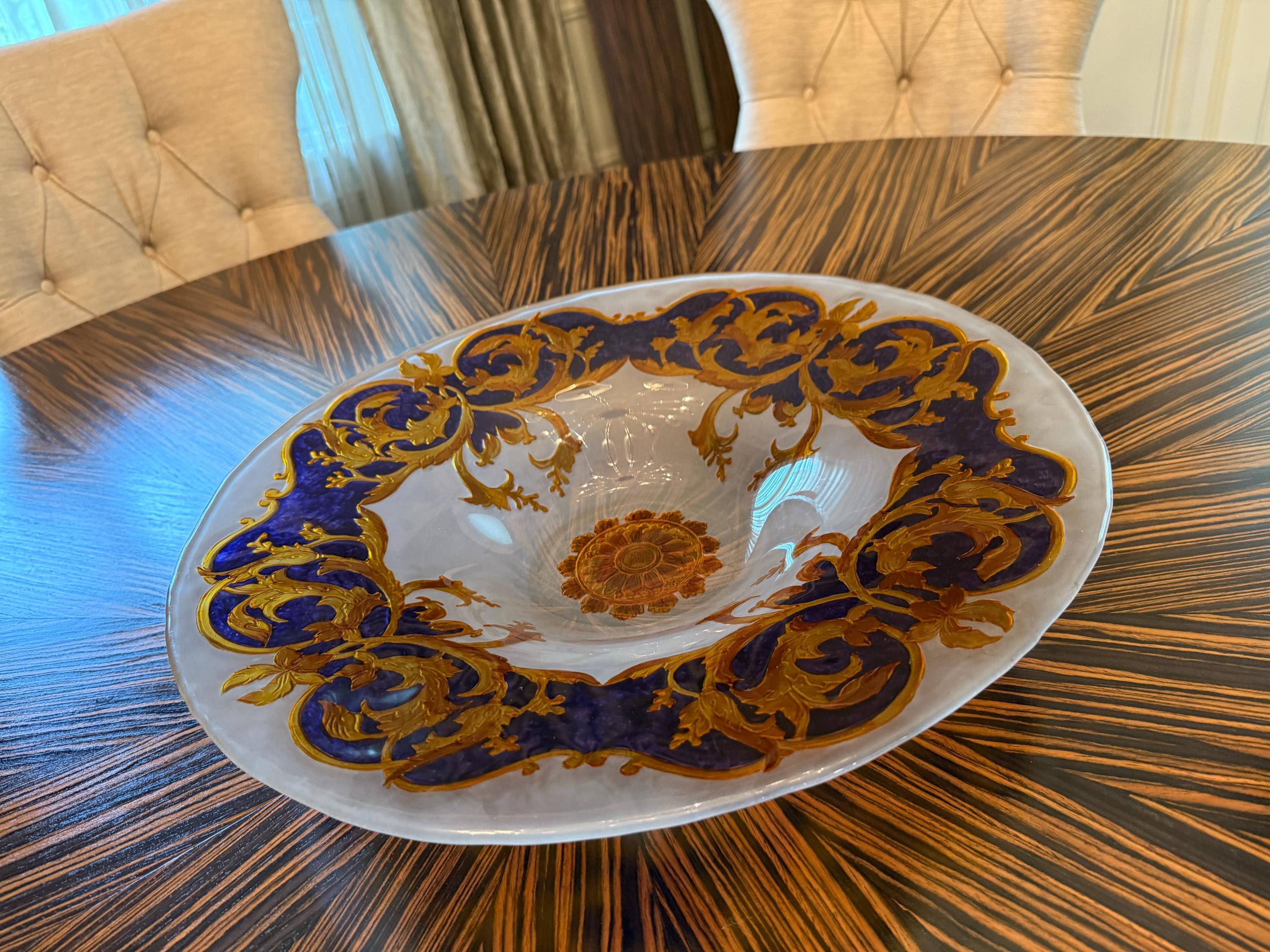 Vintage Glass Versace Style Gold & Cobalt Blue Decorative Centerpiece Serving Plate  Glass Centerpiece Bowl  Elegant Home Decor 18.5" 3.5"