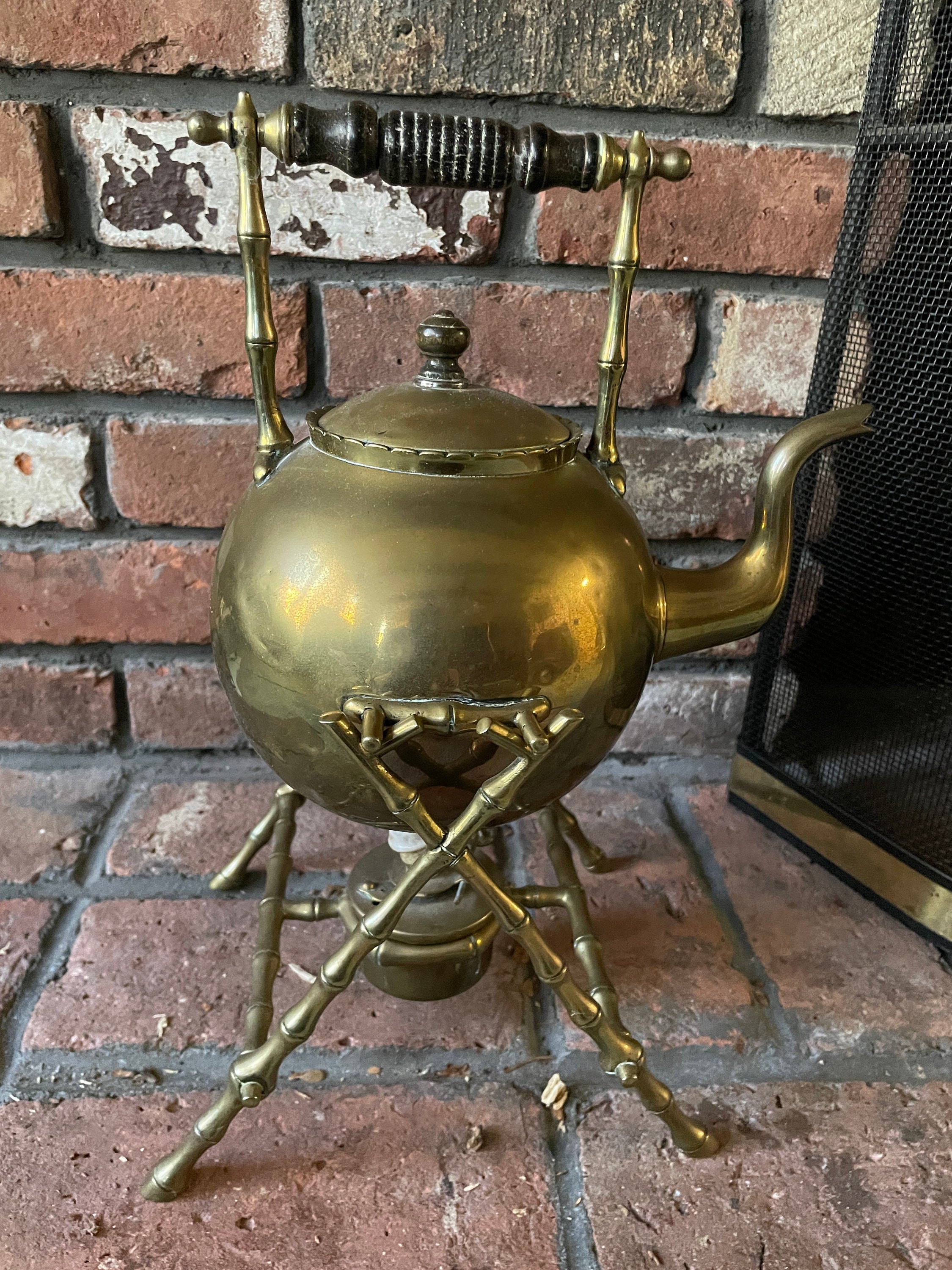 Vintage Brass Kettle On Bamboo Style Stand Unique Burner Teapot With Wooden Handle Mid Century Chafing Dish Decorative Display Piece Antique