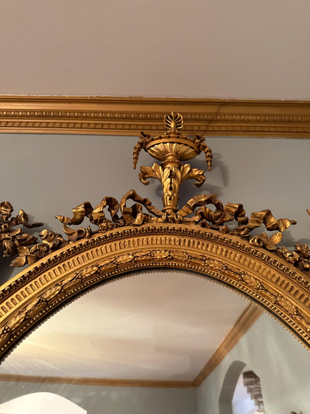 Antique French Gilded Convex Mirror, Neoclassical Urn & Female Figures