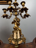 Antique French Ormolu Cherub Candelabra Pair, Gilt Bronze Marble Base Louis XVI Style