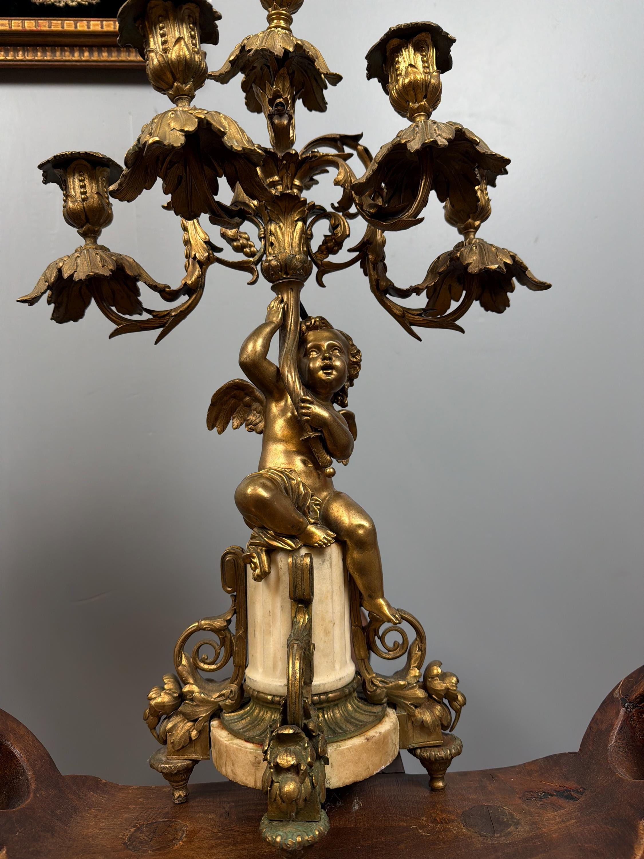 Antique French Ormolu Cherub Candelabra Pair, Gilt Bronze Marble Base Louis XVI Style